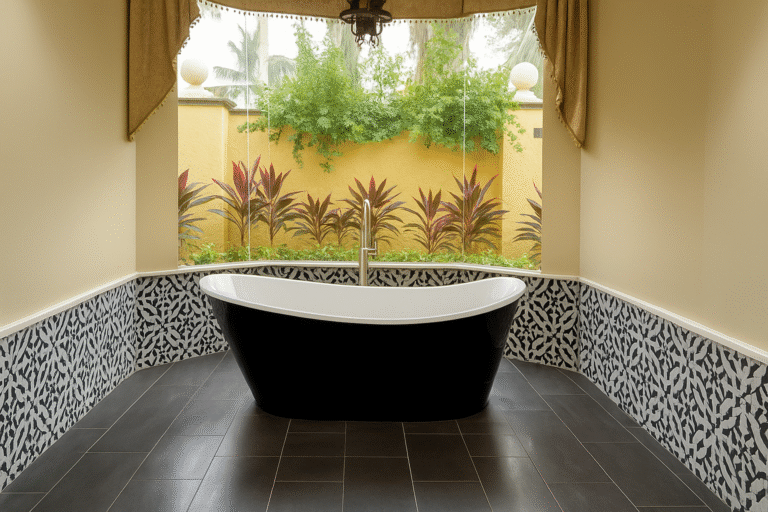 Modern bathroom with a black and white freestanding bathtub facing a large window with tropical garden view, luxury home in Naples, Florida. Dark porcelain tile floor and decorative black and white mosaic wall.