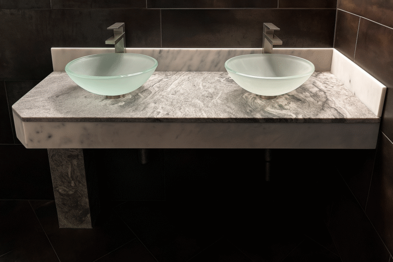 Modern bathroom vanity with double glass vessel sinks and marble countertop, luxury bathroom remodeling in Naples, Florida.