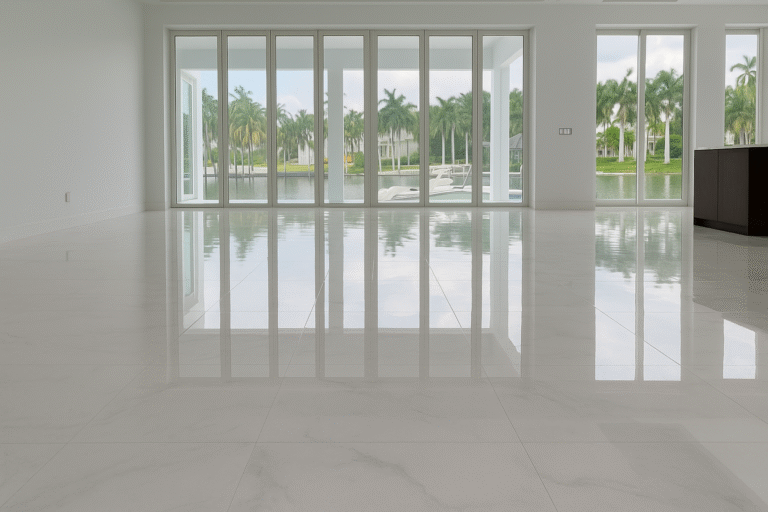Luxury large-format marble floor installation in modern waterfront home, Naples Florida floor remodeling services.