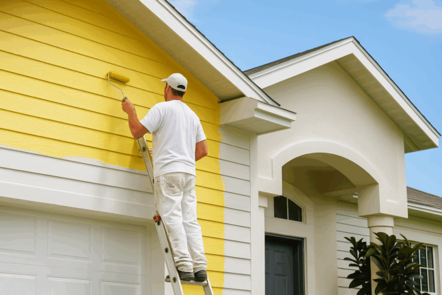 Professional painter applying color to a home exterior in Naples, FL