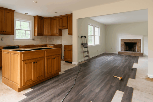 Home interior being remodeled with new cabinets and flooring in Naples, FL