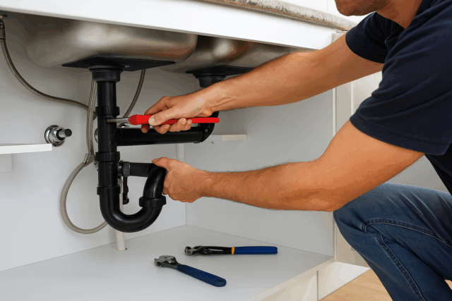 Plumber fixing kitchen piping under a sink in Naples, FL