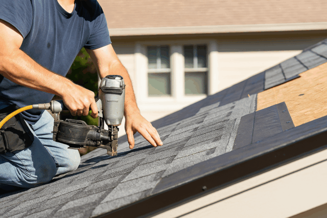 Professional installing asphalt shingles on a residential roof in Naples, FL