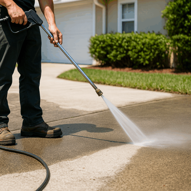Technician pressure washing a driveway surface at a residential home in Naples, FL