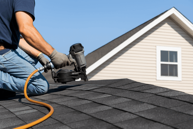 Professional roofing contractor working on a shingle roof in Naples, FL