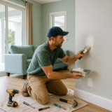 Handyman repairing a damaged interior wall inside a modern Naples, FL home during daylight, using professional tools on the floor.